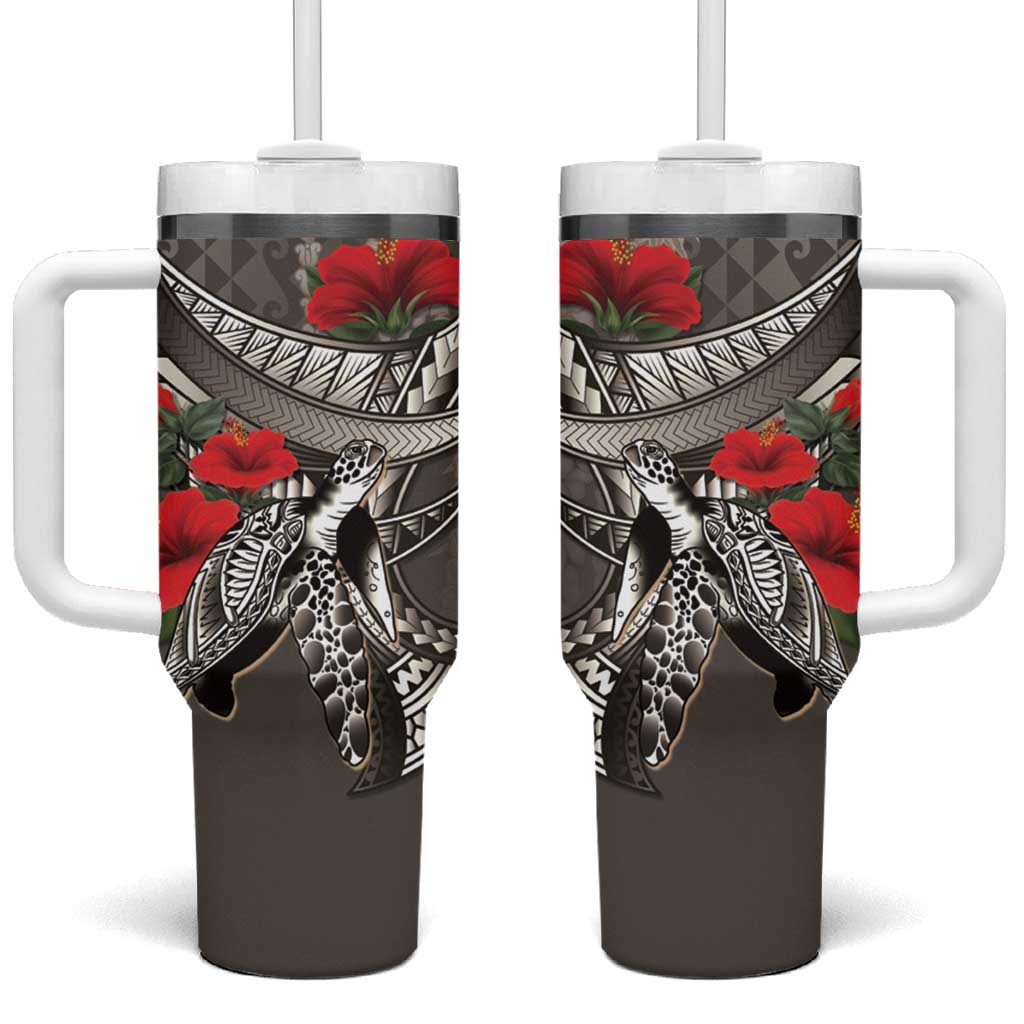 Hawaiian Honu Personalized Tumbler With Handle Mocha Mousse Hibiscus Tribal Hook Pattern LT9 One Size: 40 oz Mocha - Polynesian Pride
