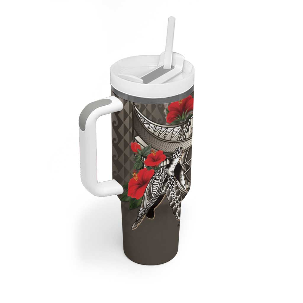 Hawaiian Honu Personalized Tumbler With Handle Mocha Mousse Hibiscus Tribal Hook Pattern LT9 - Polynesian Pride