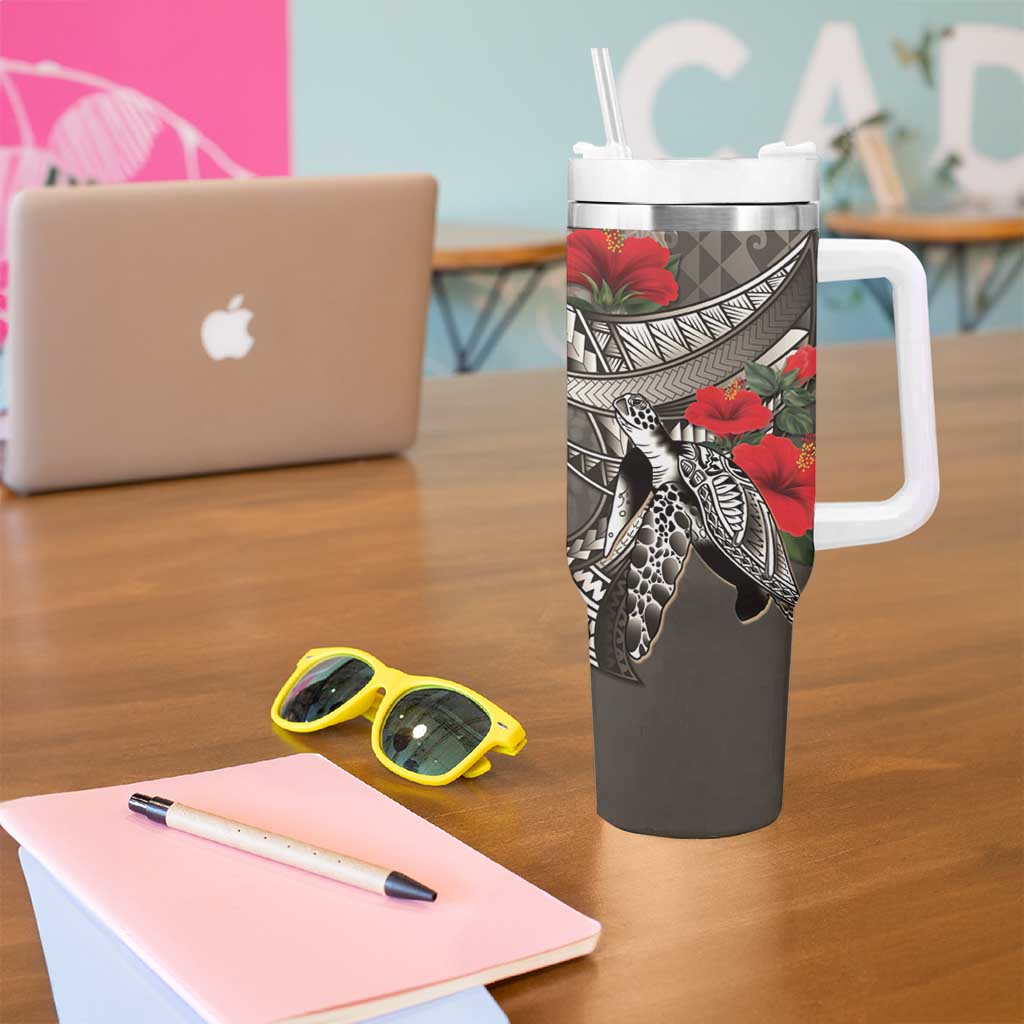 Hawaiian Honu Personalized Tumbler With Handle Mocha Mousse Hibiscus Tribal Hook Pattern LT9 - Polynesian Pride