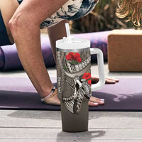 Hawaiian Honu Personalized Tumbler With Handle Mocha Mousse Hibiscus Tribal Hook Pattern LT9 - Polynesian Pride