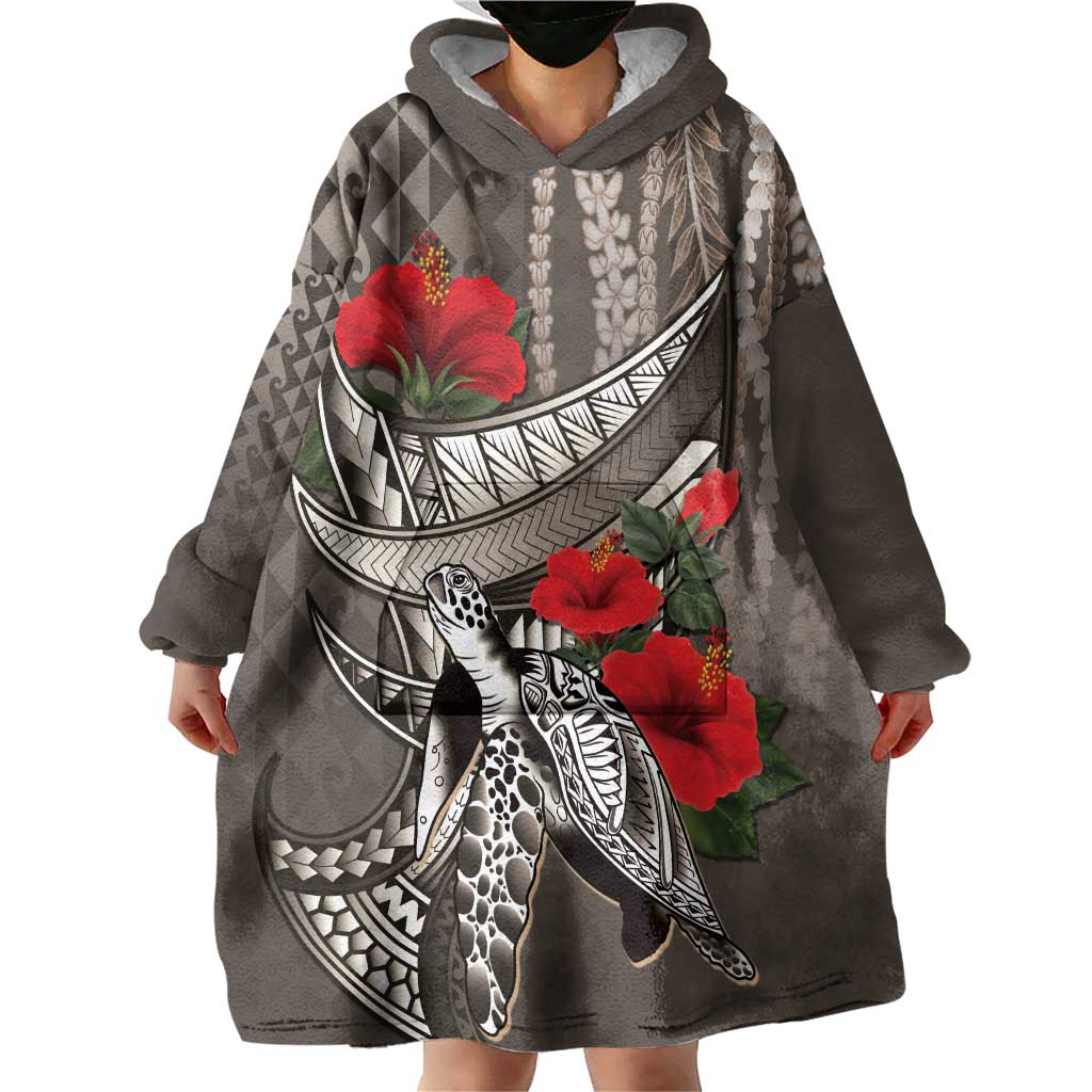 Hawaiian Honu Personalized Wearable Blanket Hoodie Mocha Mousse Hibiscus Tribal Hook Pattern LT9 - Polynesian Pride