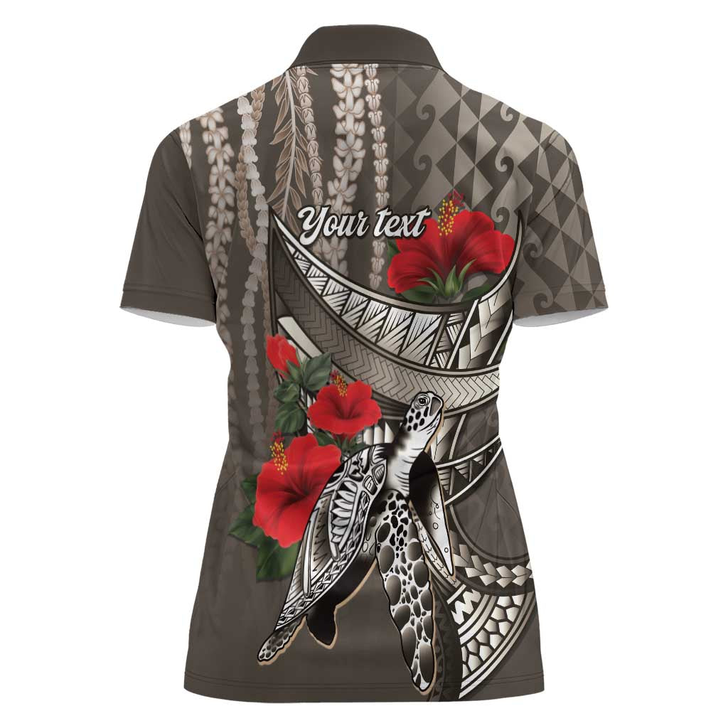 Hawaiian Honu Personalized Women Polo Shirt Mocha Mousse Hibiscus Tribal Hook Pattern LT9 - Polynesian Pride