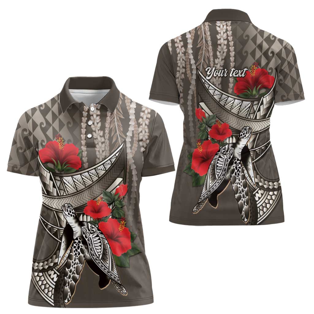 Hawaiian Honu Personalized Women Polo Shirt Mocha Mousse Hibiscus Tribal Hook Pattern LT9 - Polynesian Pride