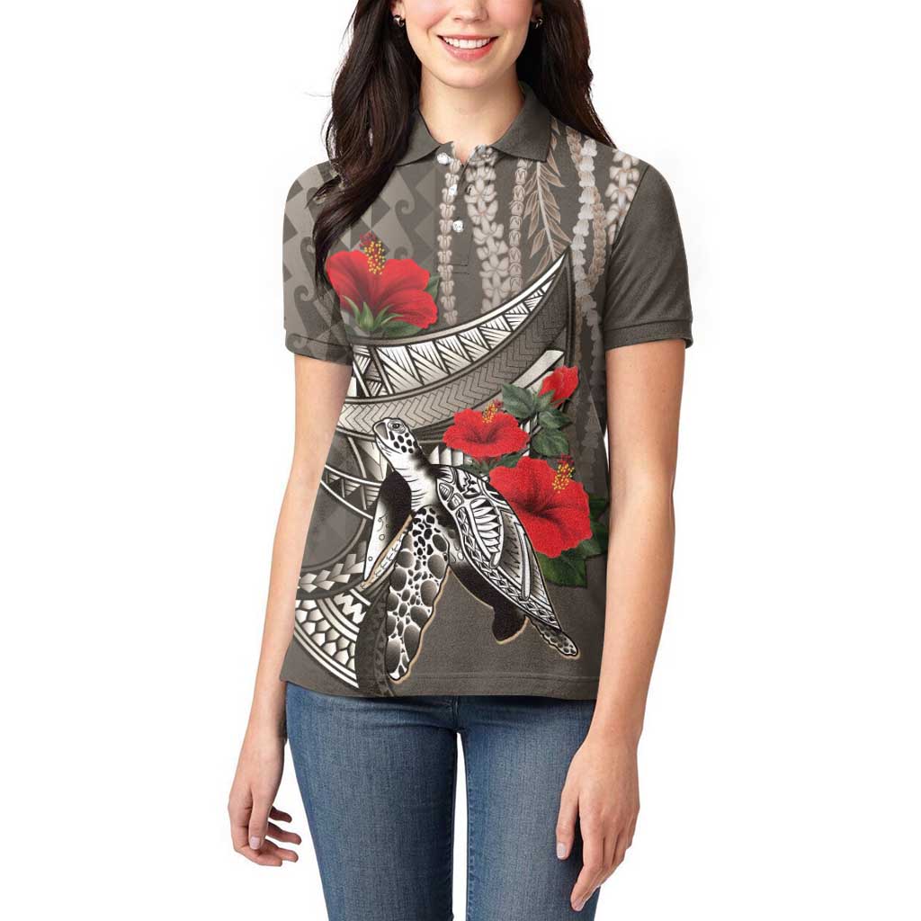 Hawaiian Honu Personalized Women Polo Shirt Mocha Mousse Hibiscus Tribal Hook Pattern LT9 - Polynesian Pride