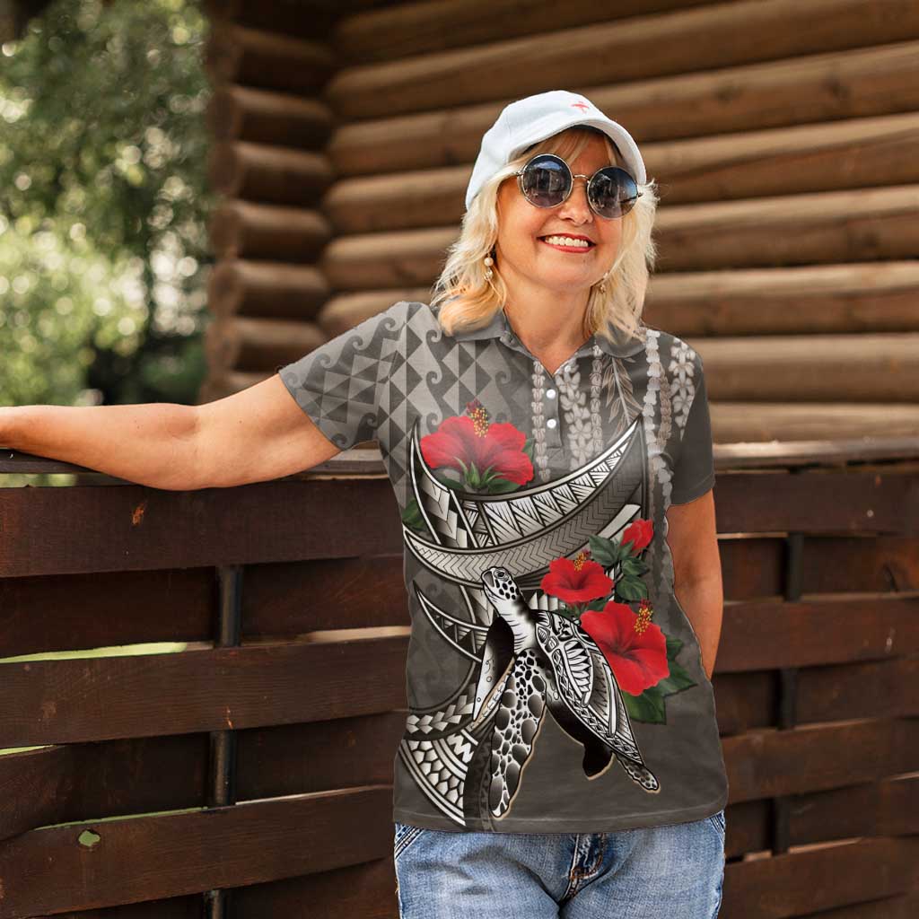 Hawaiian Honu Personalized Women Polo Shirt Mocha Mousse Hibiscus Tribal Hook Pattern LT9 - Polynesian Pride