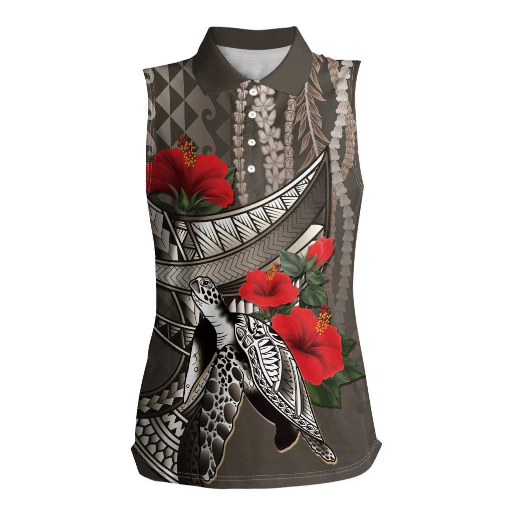 Hawaiian Honu Personalized Women Sleeveless Polo Shirt Mocha Mousse Hibiscus Tribal Hook Pattern LT9 Female Mocha - Polynesian Pride