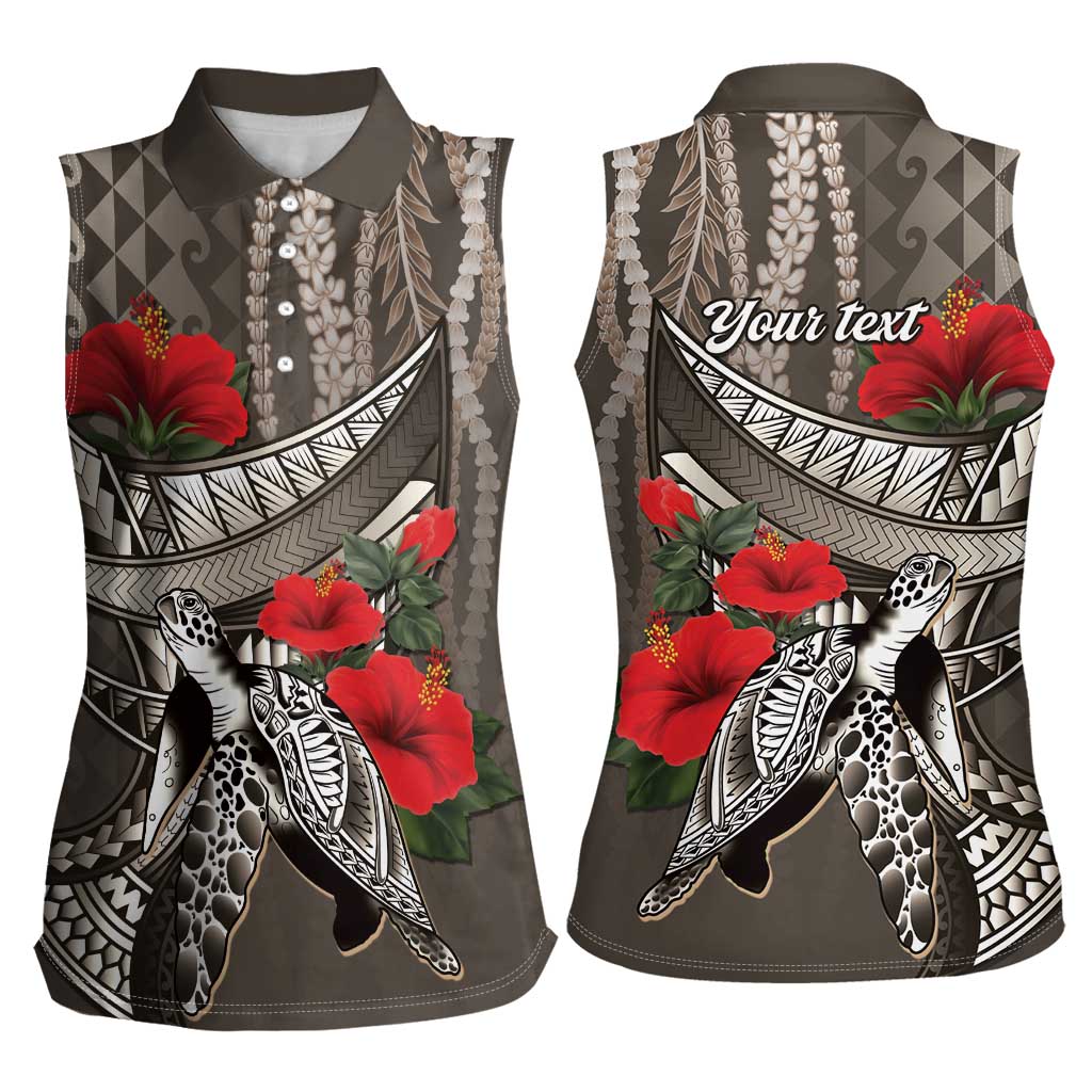 Hawaiian Honu Personalized Women Sleeveless Polo Shirt Mocha Mousse Hibiscus Tribal Hook Pattern LT9 - Polynesian Pride
