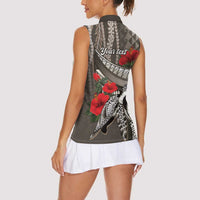 Hawaiian Honu Personalized Women Sleeveless Polo Shirt Mocha Mousse Hibiscus Tribal Hook Pattern LT9 - Polynesian Pride