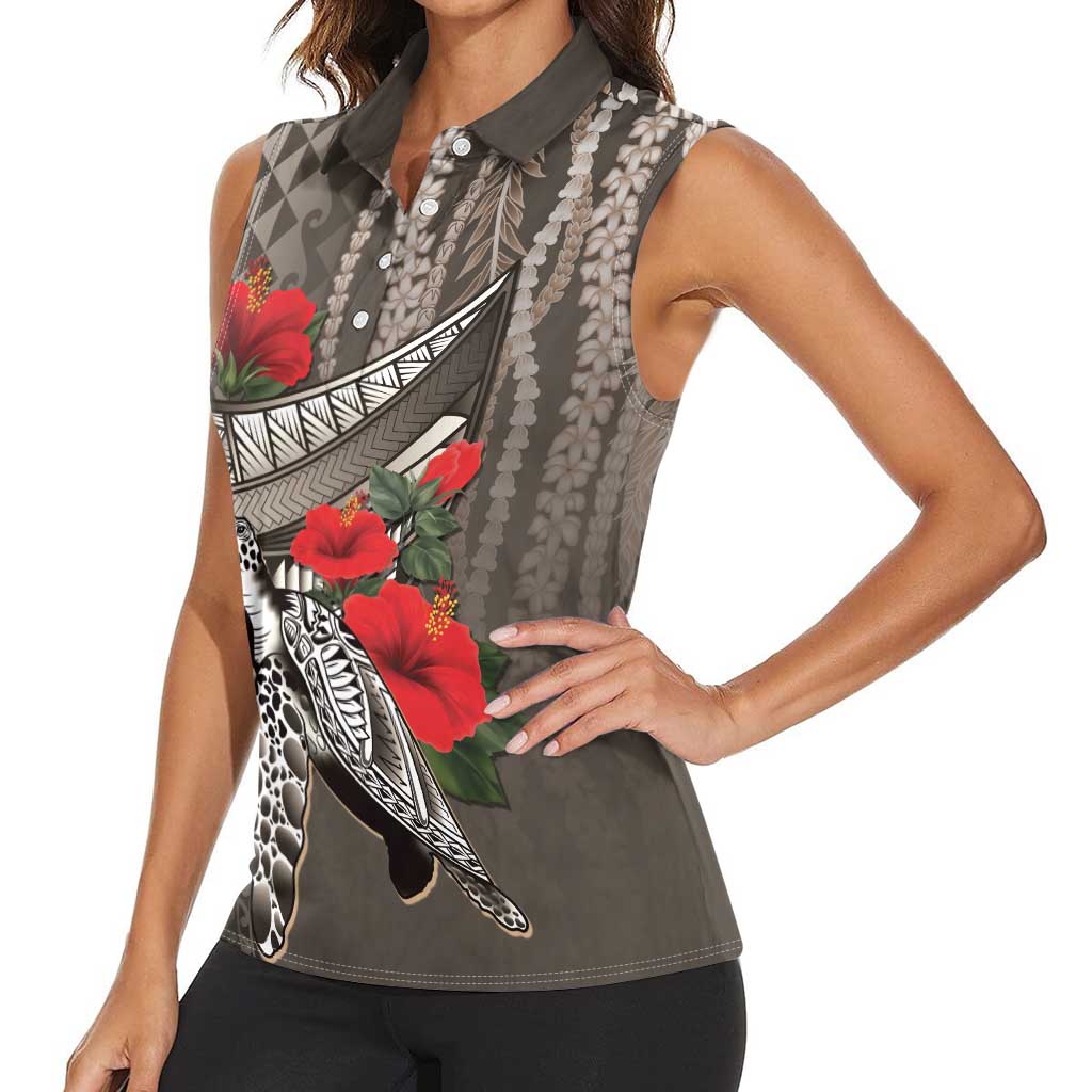 Hawaiian Honu Personalized Women Sleeveless Polo Shirt Mocha Mousse Hibiscus Tribal Hook Pattern LT9 - Polynesian Pride