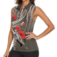 Hawaiian Honu Personalized Women Sleeveless Polo Shirt Mocha Mousse Hibiscus Tribal Hook Pattern LT9 - Polynesian Pride