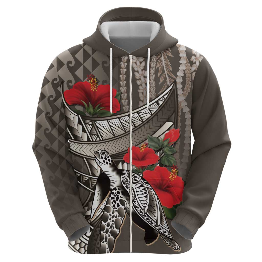 Hawaiian Honu Personalized Zip Hoodie Mocha Mousse Hibiscus Tribal Hook Pattern LT9 - Polynesian Pride