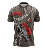 Hawaiian Honu Personalized Zipper Polo Shirt Mocha Mousse Hibiscus Tribal Hook Pattern LT9 Mocha - Polynesian Pride