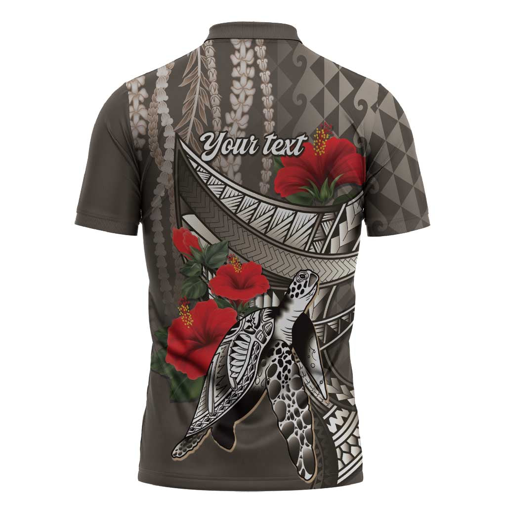 Hawaiian Honu Personalized Zipper Polo Shirt Mocha Mousse Hibiscus Tribal Hook Pattern LT9 - Polynesian Pride