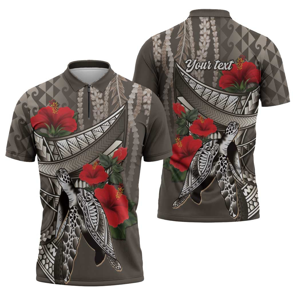 Hawaiian Honu Personalized Zipper Polo Shirt Mocha Mousse Hibiscus Tribal Hook Pattern LT9 - Polynesian Pride