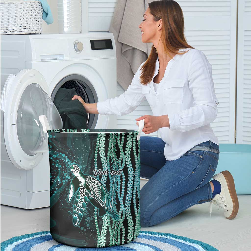 Hawaiian Honu Personalized Laundry Basket Dark Cyan Maile Pikake Flower Lei Inspired LT9 - Polynesian Pride