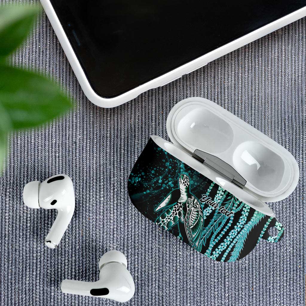 Hawaiian Honu Personalized AirPods Case Dark Cyan Maile Pikake Flower Lei Inspired