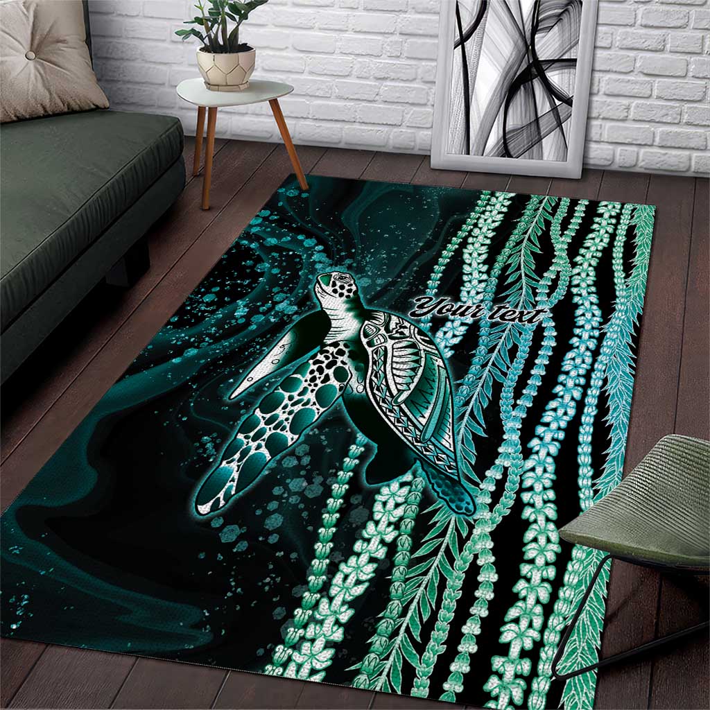 Hawaiian Honu Personalized Area Rug Dark Cyan Maile Pikake Flower Lei Inspired