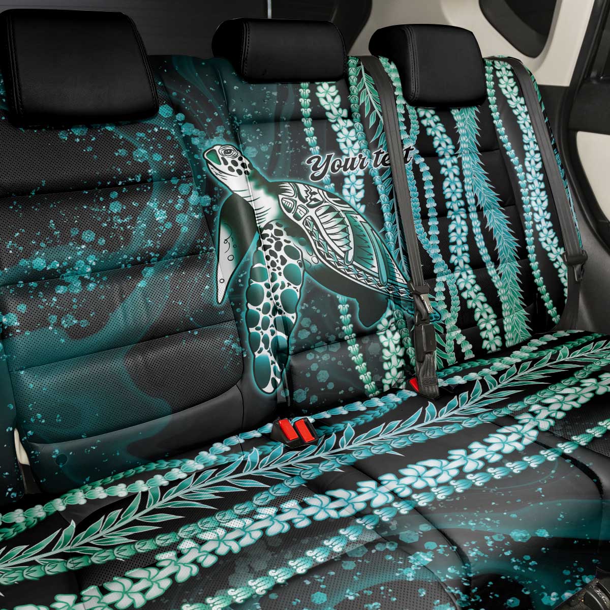 Hawaiian Honu Personalized Back Car Seat Cover Dark Cyan Maile Pikake Flower Lei Inspired LT9 - Polynesian Pride