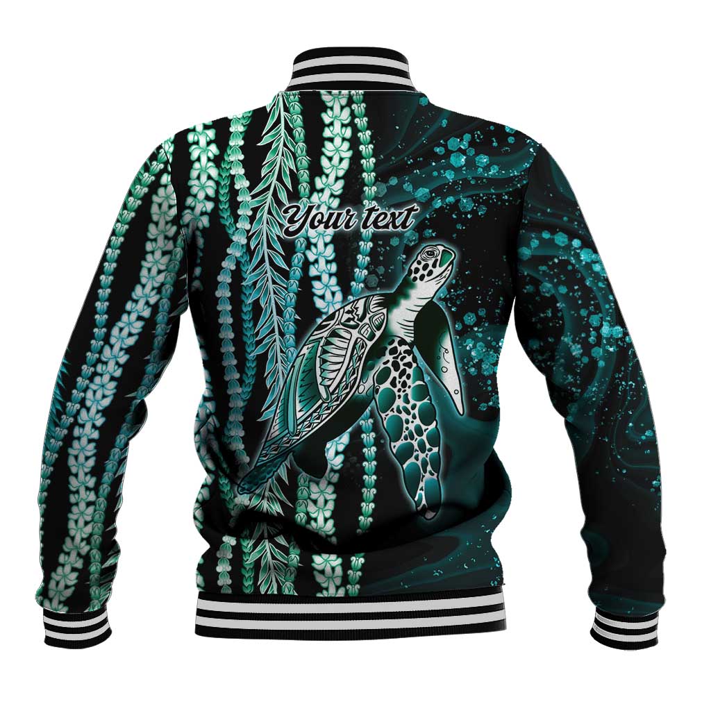 Hawaiian Honu Personalized Baseball Jacket Dark Cyan Maile Pikake Flower Lei Inspired LT9 - Polynesian Pride