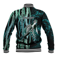 Hawaiian Honu Personalized Baseball Jacket Dark Cyan Maile Pikake Flower Lei Inspired LT9 - Polynesian Pride