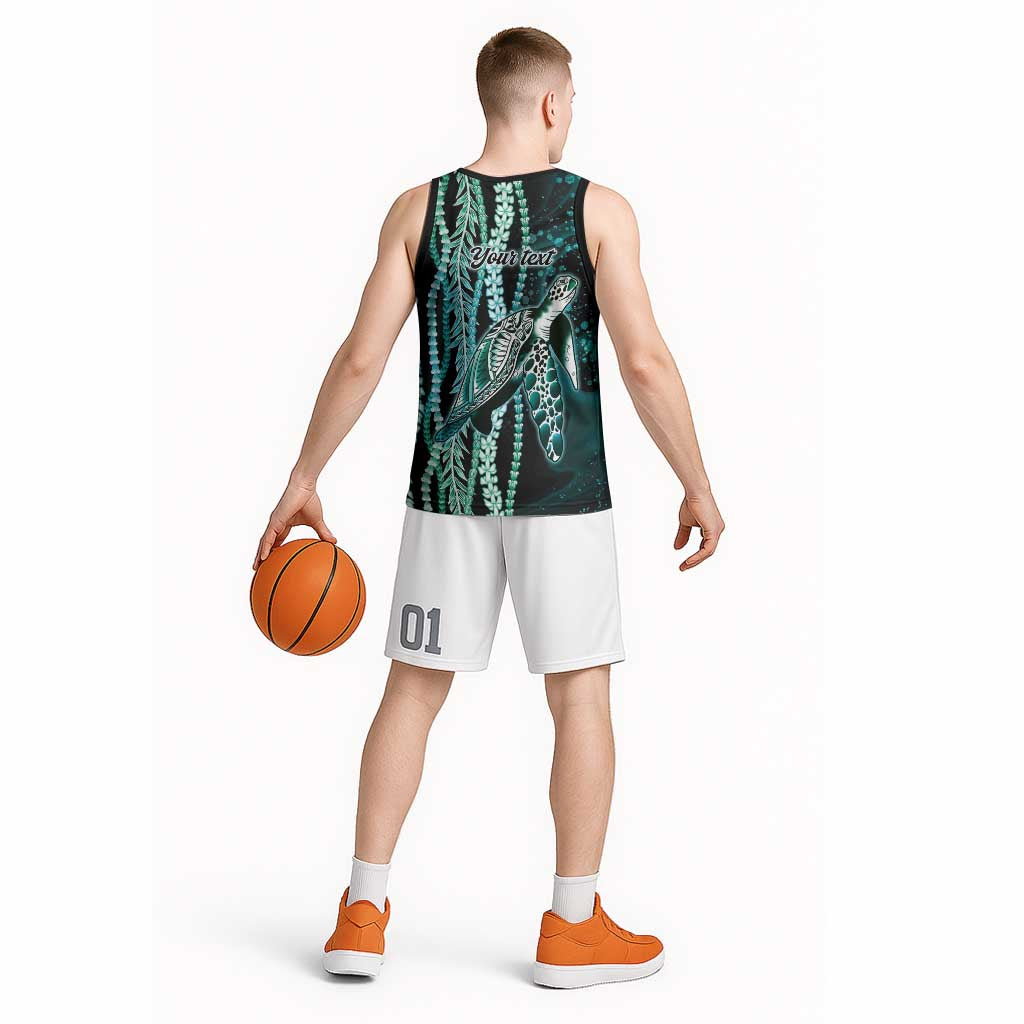 Hawaiian Honu Personalized Basketball Jersey Dark Cyan Maile Pikake Flower Lei Inspired LT9 - Polynesian Pride