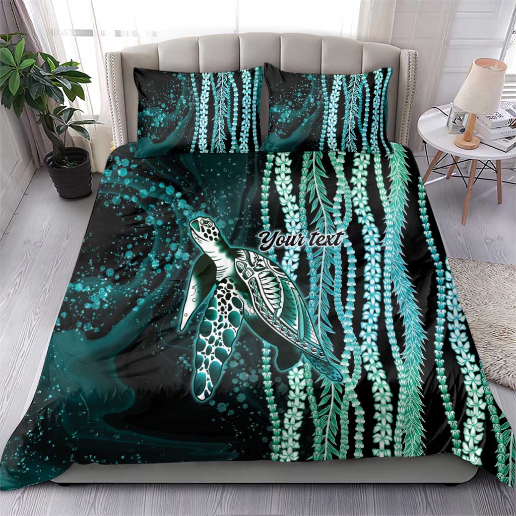 Hawaiian Honu Personalized Bedding Set Dark Cyan Maile Pikake Flower Lei Inspired LT9 - Polynesian Pride