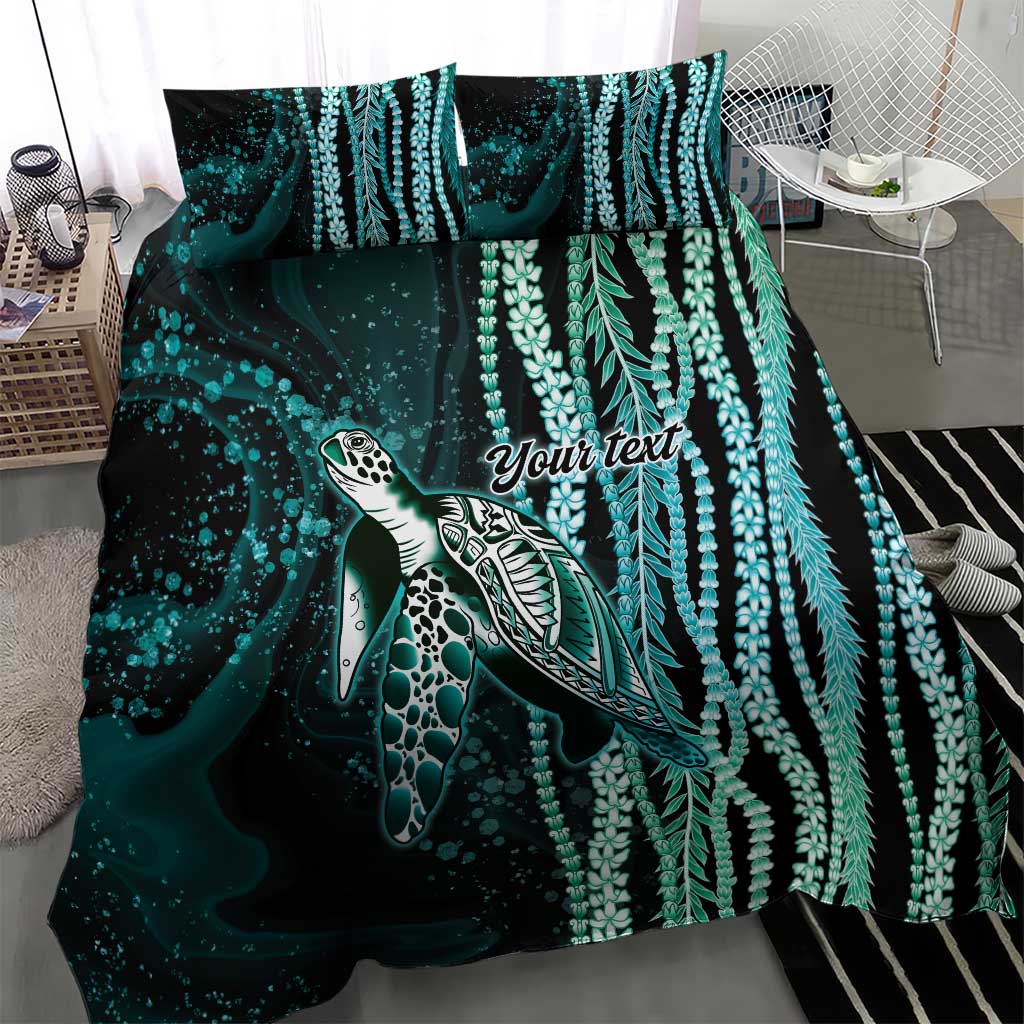 Hawaiian Honu Personalized Bedding Set Dark Cyan Maile Pikake Flower Lei Inspired LT9 - Polynesian Pride