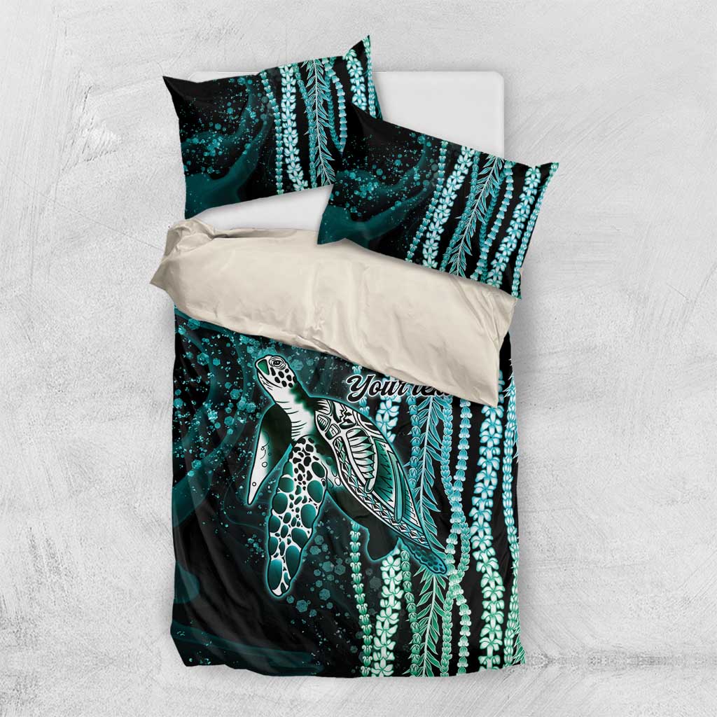 Hawaiian Honu Personalized Bedding Set Dark Cyan Maile Pikake Flower Lei Inspired LT9 US Twin 172cm x 218cm Cyan - Polynesian Pride