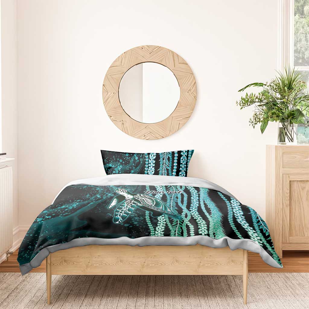 Hawaiian Honu Personalized Bedding Set Dark Cyan Maile Pikake Flower Lei Inspired LT9 - Polynesian Pride