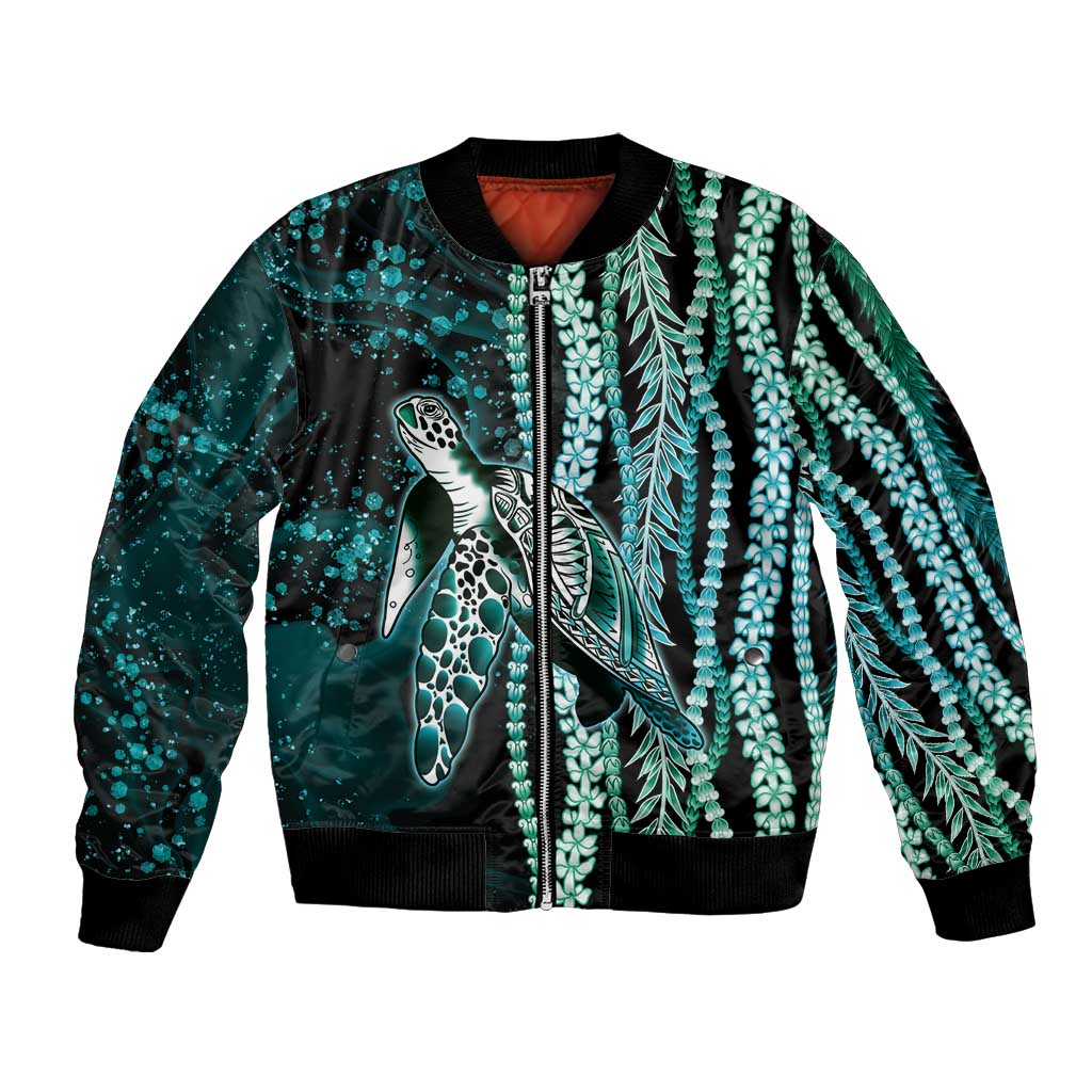 Hawaiian Honu Personalized Bomber Jacket Dark Cyan Maile Pikake Flower Lei Inspired LT9 Unisex Cyan - Polynesian Pride