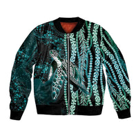 Hawaiian Honu Personalized Bomber Jacket Dark Cyan Maile Pikake Flower Lei Inspired LT9 Unisex Cyan - Polynesian Pride