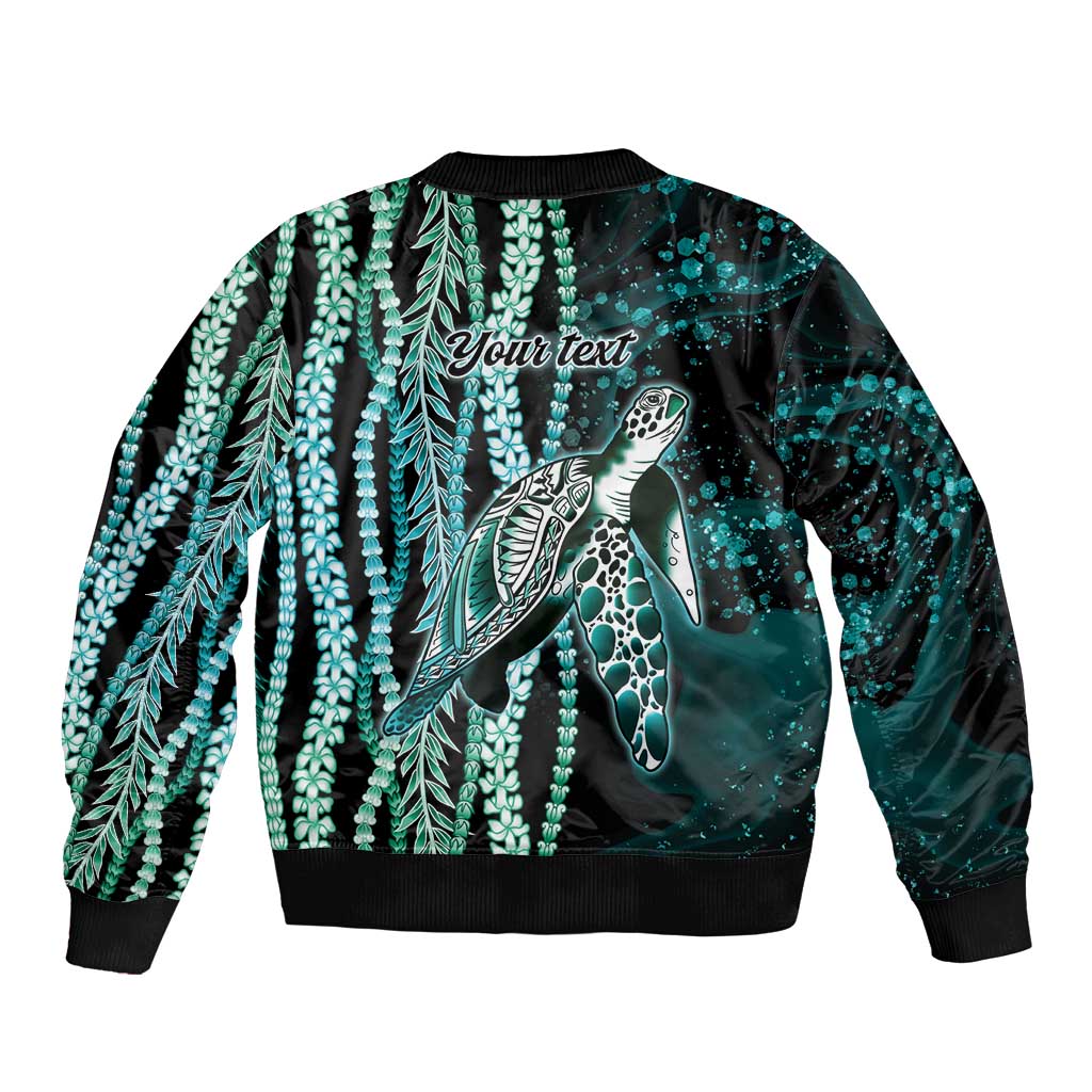 Hawaiian Honu Personalized Bomber Jacket Dark Cyan Maile Pikake Flower Lei Inspired LT9 - Polynesian Pride
