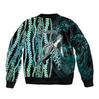 Hawaiian Honu Personalized Bomber Jacket Dark Cyan Maile Pikake Flower Lei Inspired LT9 - Polynesian Pride