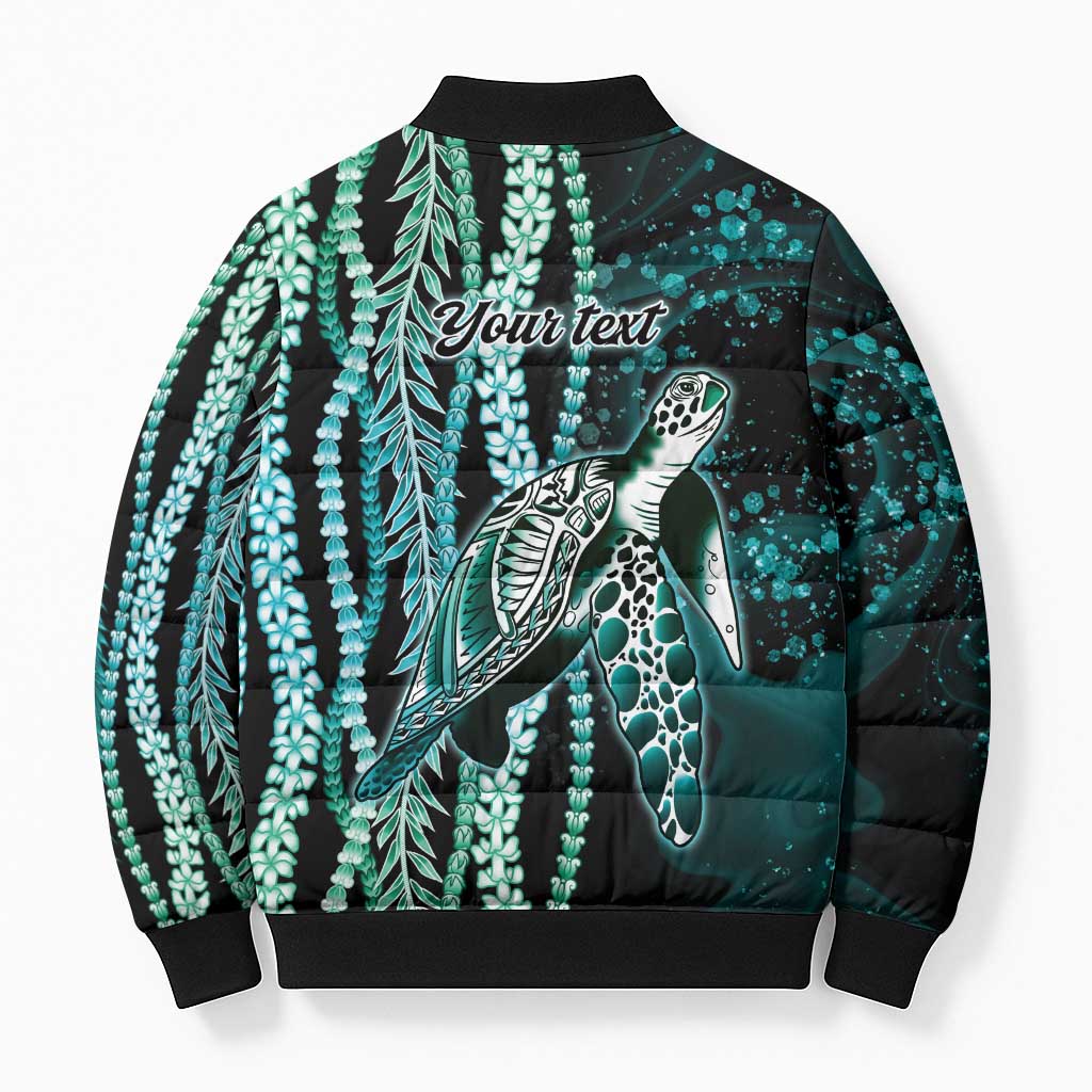 Hawaiian Honu Personalized Bomber Puffer Jacket Dark Cyan Maile Pikake Flower Lei Inspired LT9 - Polynesian Pride