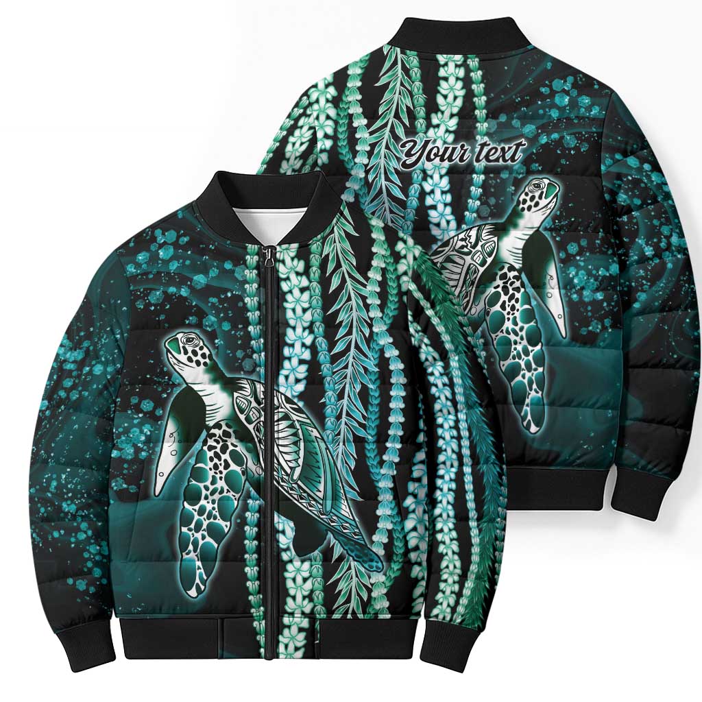 Hawaiian Honu Personalized Bomber Puffer Jacket Dark Cyan Maile Pikake Flower Lei Inspired LT9 - Polynesian Pride