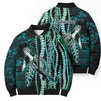 Hawaiian Honu Personalized Bomber Puffer Jacket Dark Cyan Maile Pikake Flower Lei Inspired LT9 - Polynesian Pride