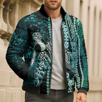Hawaiian Honu Personalized Bomber Puffer Jacket Dark Cyan Maile Pikake Flower Lei Inspired LT9 - Polynesian Pride