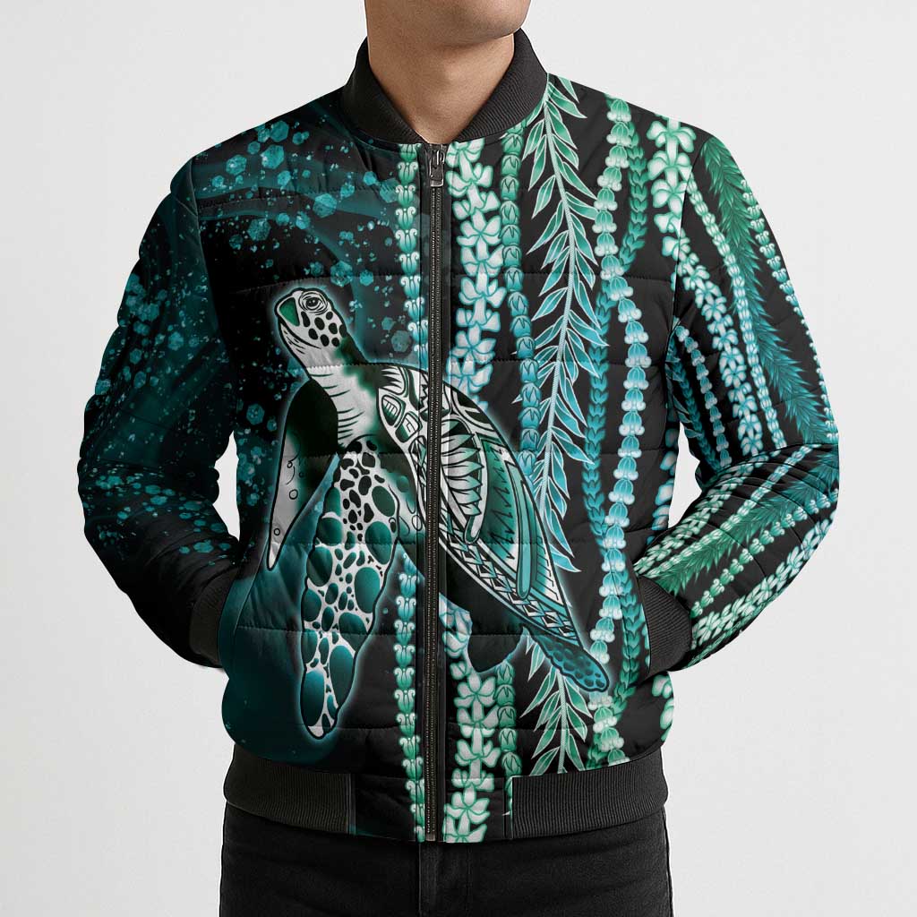 Hawaiian Honu Personalized Bomber Puffer Jacket Dark Cyan Maile Pikake Flower Lei Inspired LT9 - Polynesian Pride