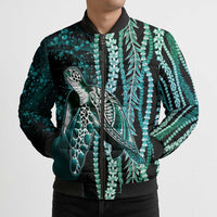 Hawaiian Honu Personalized Bomber Puffer Jacket Dark Cyan Maile Pikake Flower Lei Inspired LT9 - Polynesian Pride