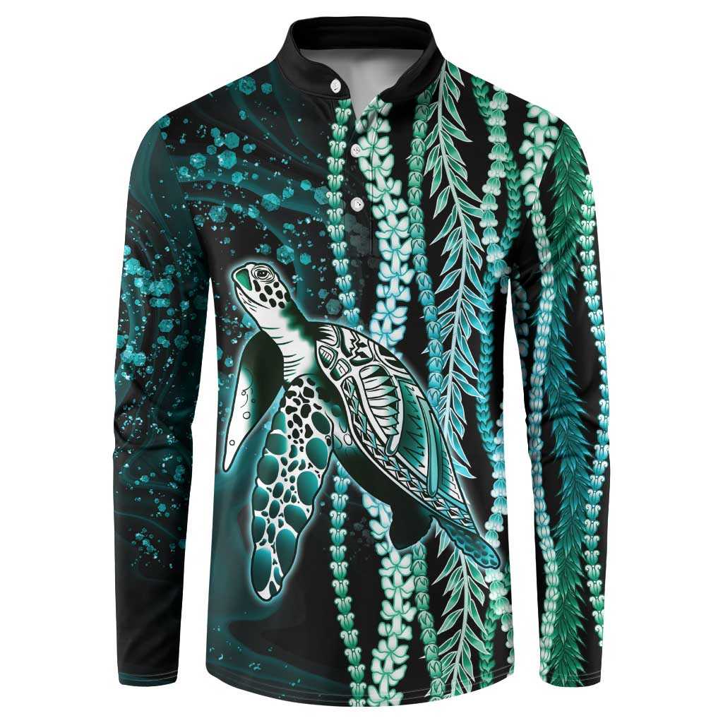 Hawaiian Honu Personalized Button Sweatshirt Dark Cyan Maile Pikake Flower Lei Inspired LT9 Cyan - Polynesian Pride