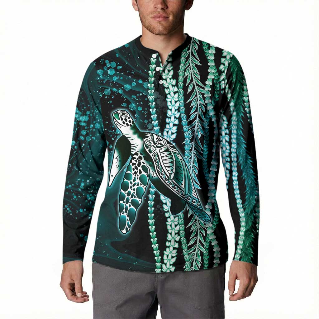 Hawaiian Honu Personalized Button Sweatshirt Dark Cyan Maile Pikake Flower Lei Inspired LT9 - Polynesian Pride