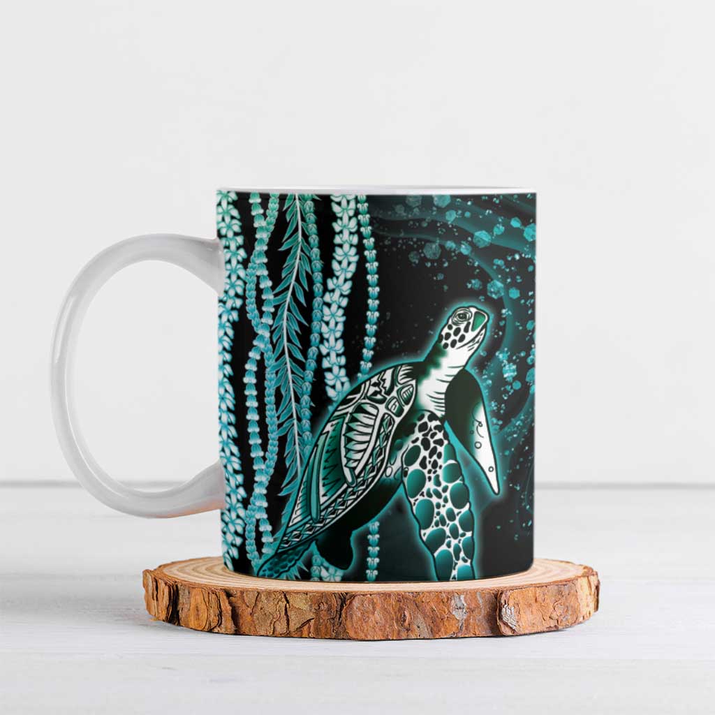 Hawaiian Honu Personalized Ceramic Mug Dark Cyan Maile Pikake Flower Lei Inspired LT9 Cyan - Polynesian Pride