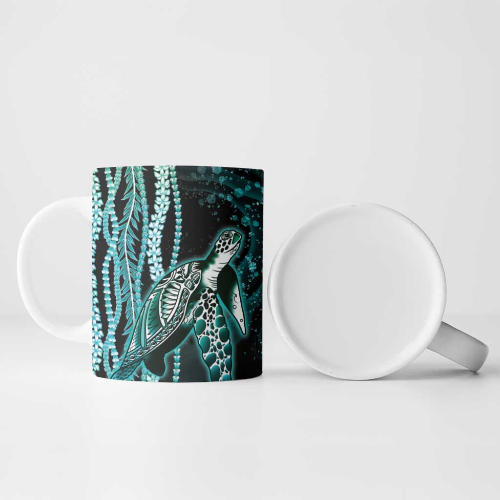 Hawaiian Honu Personalized Ceramic Mug Dark Cyan Maile Pikake Flower Lei Inspired LT9 - Polynesian Pride