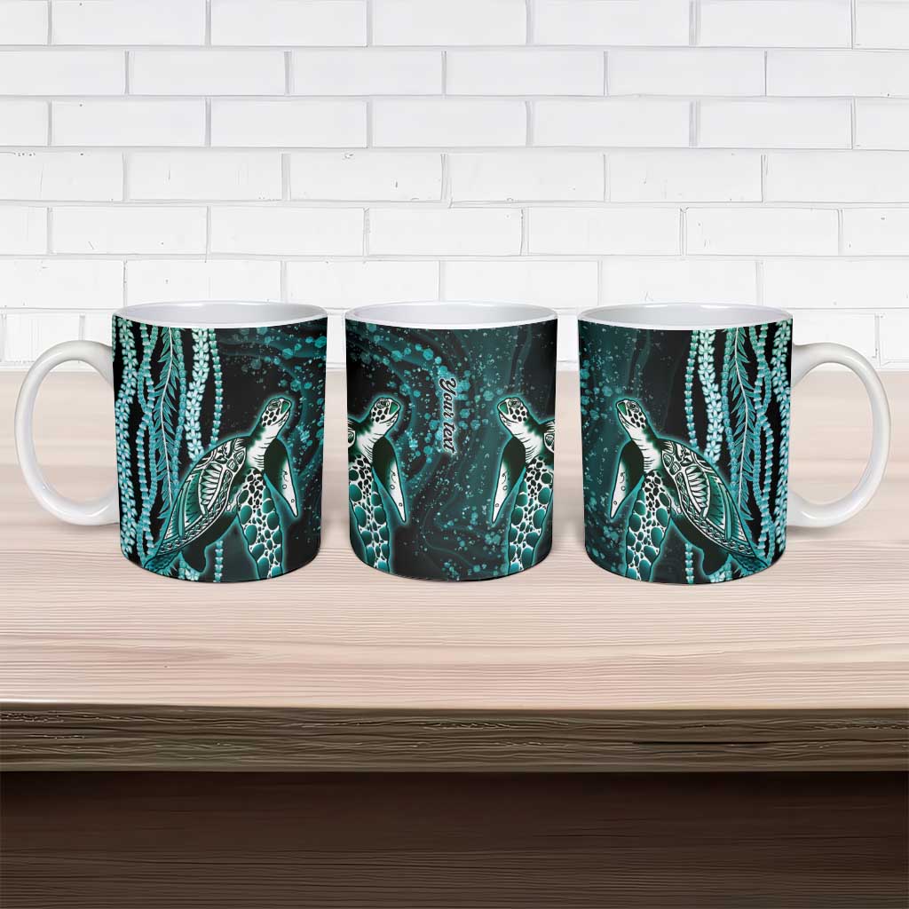 Hawaiian Honu Personalized Ceramic Mug Dark Cyan Maile Pikake Flower Lei Inspired LT9 - Polynesian Pride