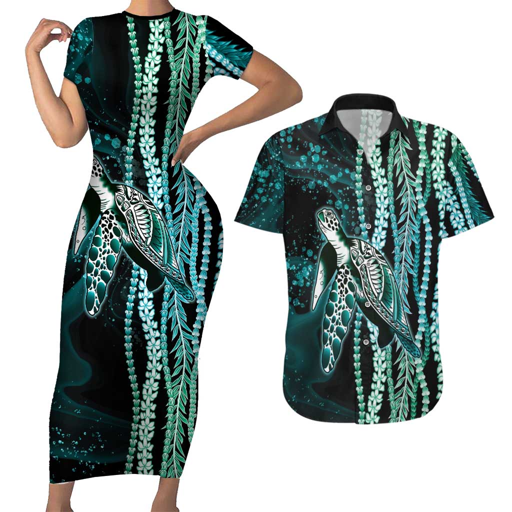 Hawaiian Honu Personalized Couples Matching Short Sleeve Bodycon Dress and Hawaiian Shirt Dark Cyan Maile Pikake Flower Lei Inspired