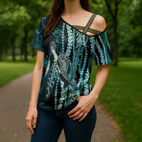 Hawaiian Honu Personalized Cross Shoulder Shirt Dark Cyan Maile Pikake Flower Lei Inspired LT9 - Polynesian Pride