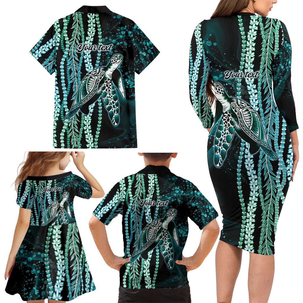 Hawaiian Honu Personalized Family Matching Long Sleeve Bodycon Dress and Hawaiian Shirt Dark Cyan Maile Pikake Flower Lei Inspired