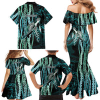 Hawaiian Honu Personalized Family Matching Mermaid Dress and Hawaiian Shirt Dark Cyan Maile Pikake Flower Lei Inspired