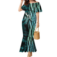 Hawaiian Honu Personalized Family Matching Mermaid Dress and Hawaiian Shirt Dark Cyan Maile Pikake Flower Lei Inspired