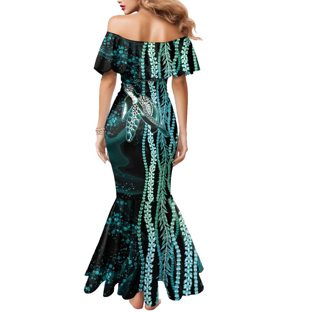 Hawaiian Honu Personalized Family Matching Mermaid Dress and Hawaiian Shirt Dark Cyan Maile Pikake Flower Lei Inspired